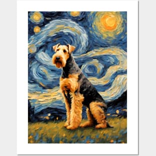 Adorable Airedale Terrier Dog Breed Painting in a Van Gogh Starry Night Art Style Posters and Art